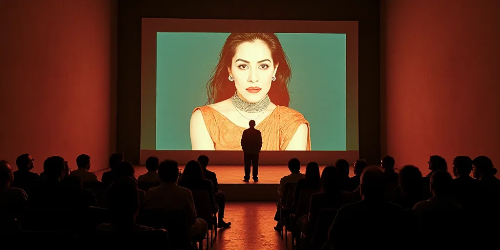 a group of people sitting in chairs in front of a screen with a woman on it and a man standing on th