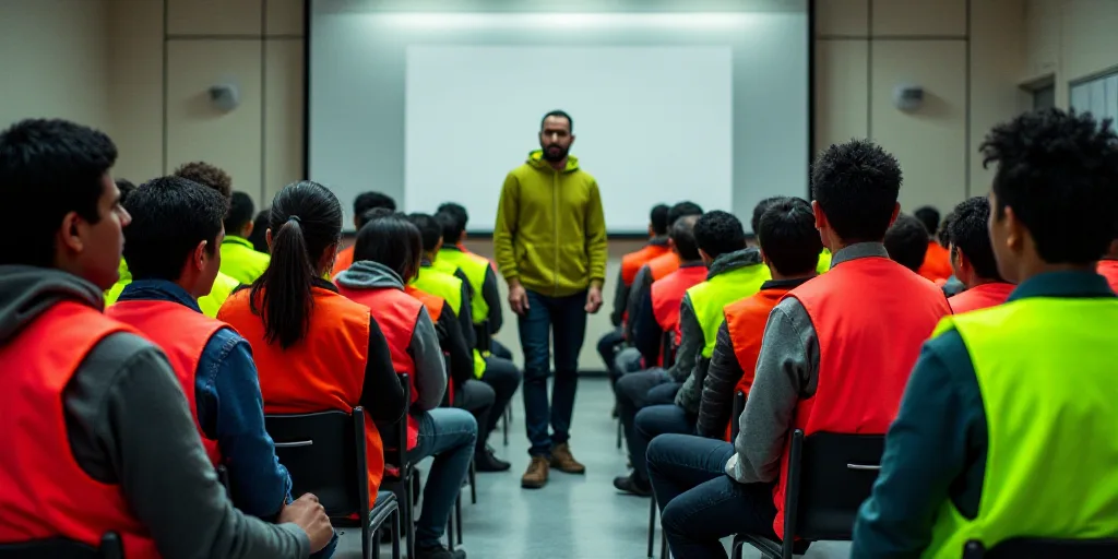 a group of people sitting in chairs with neon vests on them and a man standing in front of them, Aqu