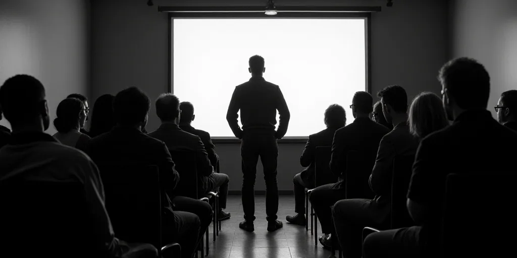 a group of people sitting in chairs in front of a screen with a man standing in front of them, Eddie