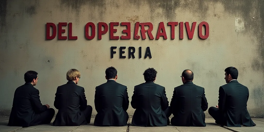 a group of people sitting in front of a wall with a sign behind them that says del operativvo feria,