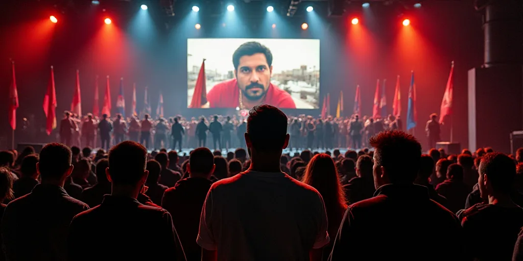 a group of people sitting in front of a crowd of people on stage with flags behind them and a screen