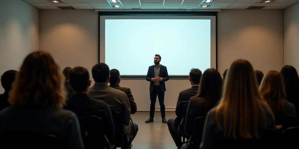a group of people sitting next to each other in a room with a projector screen behind them and a man