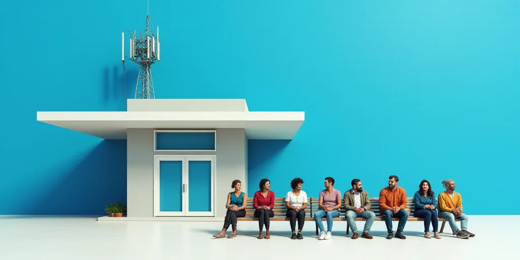 a group of people sitting on a bench in front of a building with a blue background and a cell phone