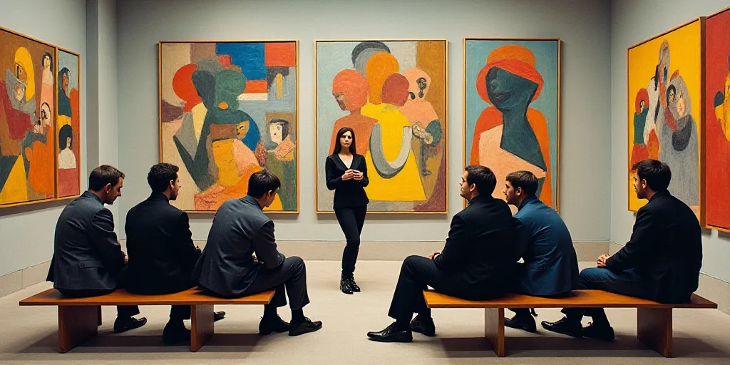 a group of people sitting on a bench in a room with a wall of pictures behind them and a woman stand