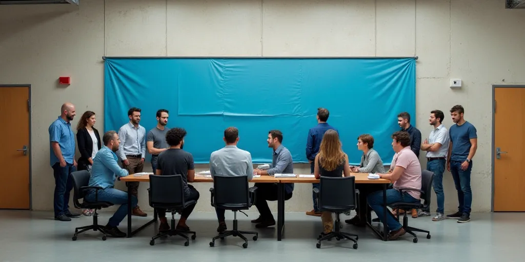 a group of people standing and sitting at a table together in front of a wall with a blue sheet, Eng