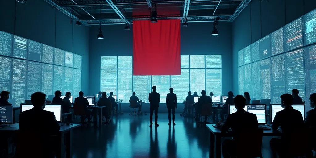 a group of people standing around a room with a lot of monitors on the wall and a flag hanging from