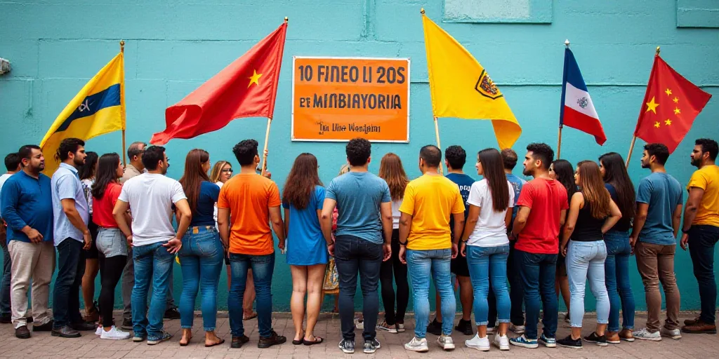 a group of people standing around each other holding flags and banners in front of a sign that reads