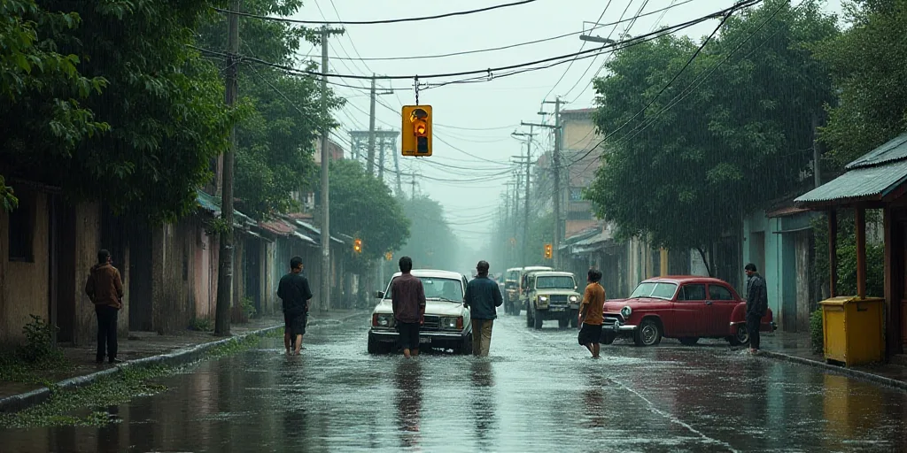 a group of people standing around a flooded street with cars in it and a yellow traffic light above
