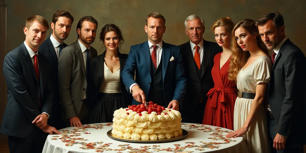 a group of people standing around a cake on a table with a man in a suit and tie cutting it, Carl Gu