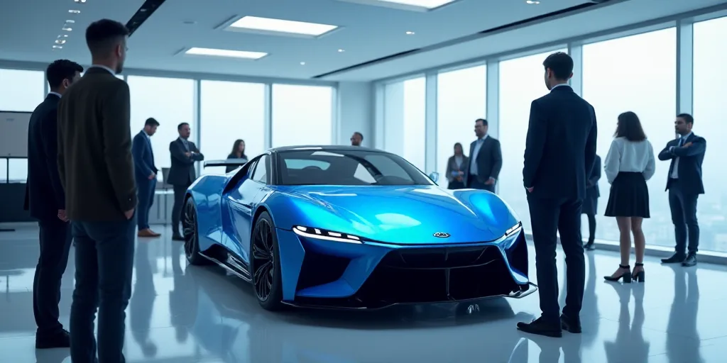 a group of people standing around a blue sports car in a showroom with a man looking at it, Fan Qi,