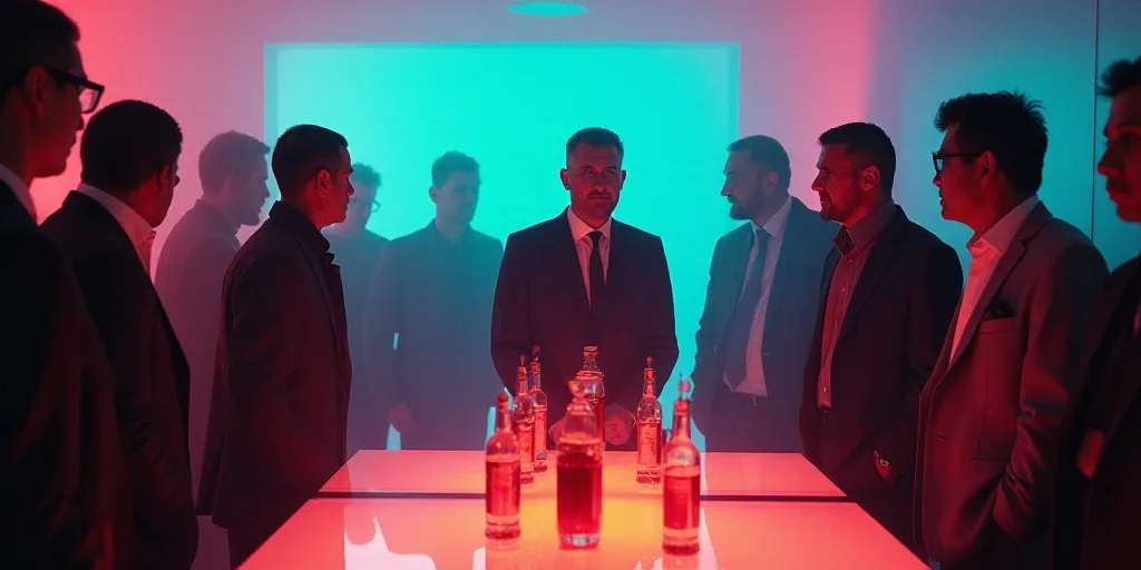 a group of people standing around a table with bottles of liquid on it and a man in a suit, Carlos F