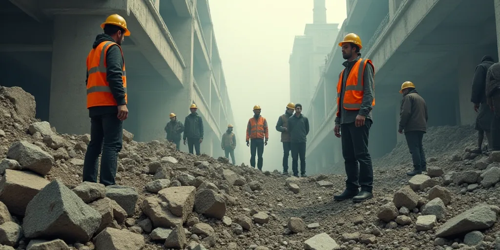 a group of people standing around a pile of rubble and rocks with a man in a safety vest standing ne