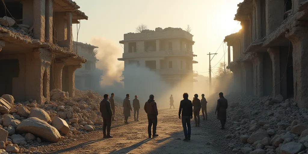 a group of people standing around a building that has been destroyed in a city with a lot of rubble,