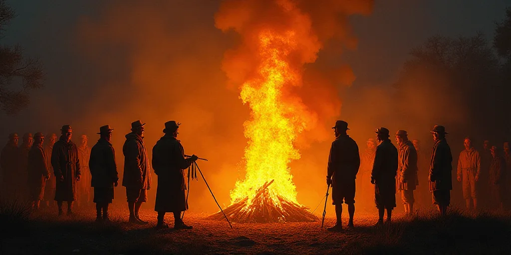 a group of people standing around a fire with a lot of flames in the background and people standing