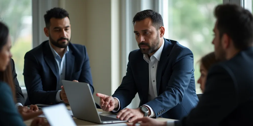 a group of people standing around a table with a laptop computer on it and a man in a suit pointing