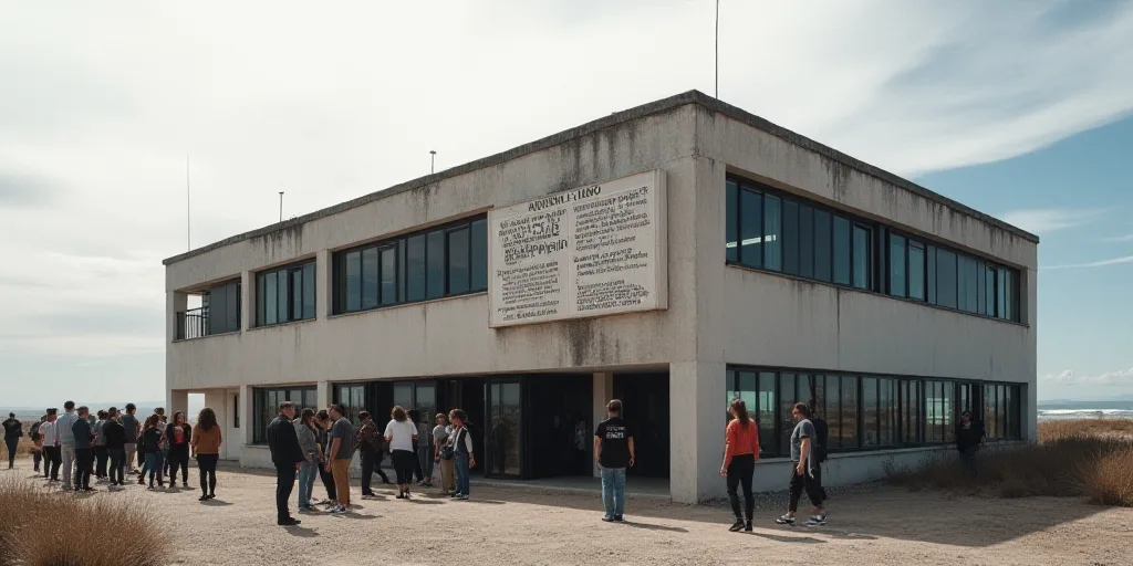 a group of people standing around a building with a sign on it that says grupo aeroportuario del pac