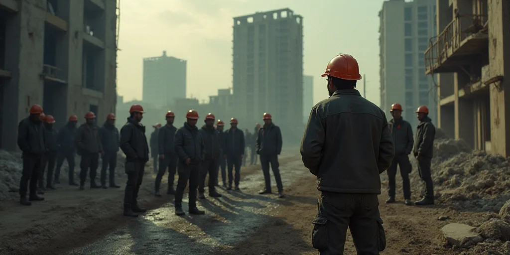a group of people standing around each other in front of a building under construction with a man in