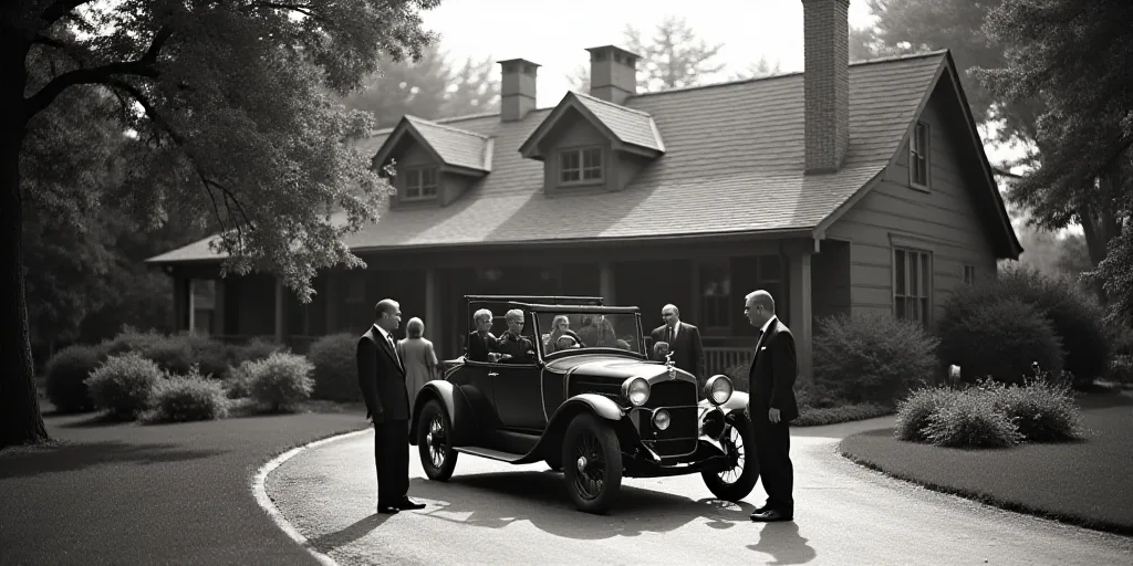 a group of people standing around a car in a driveway next to a house and trees and bushes and a man