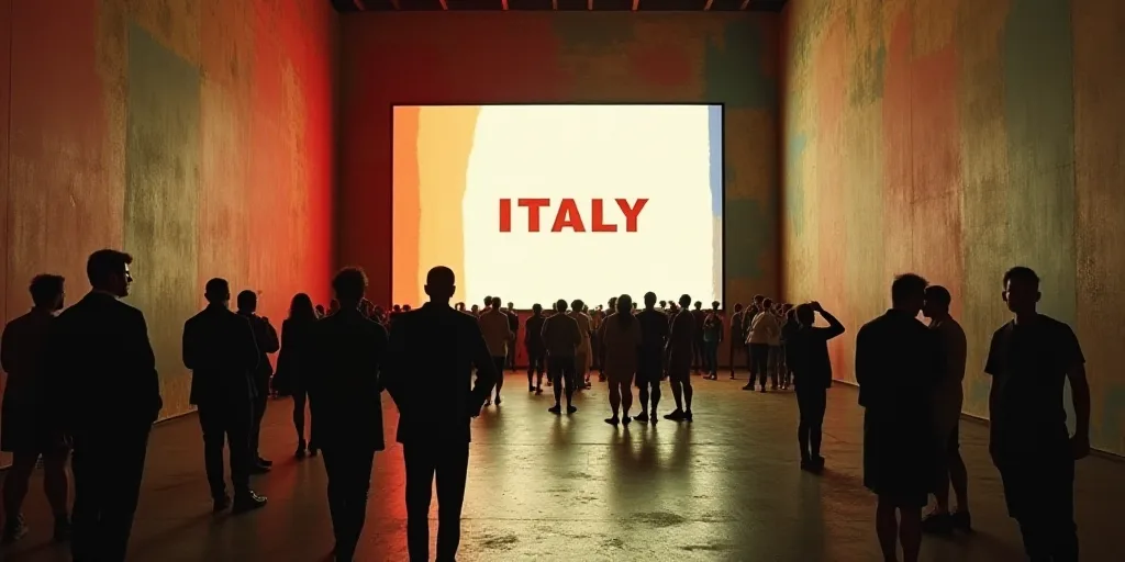 a group of people standing around a terminal with a large screen above them that says italy on it's