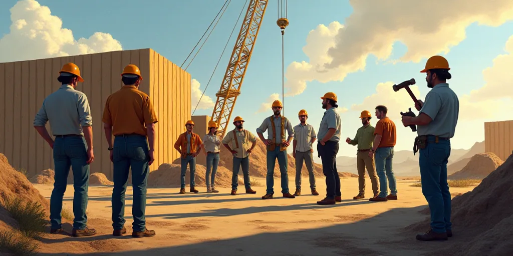 a group of people standing around a wooden structure with a crane in the background and a man holdin