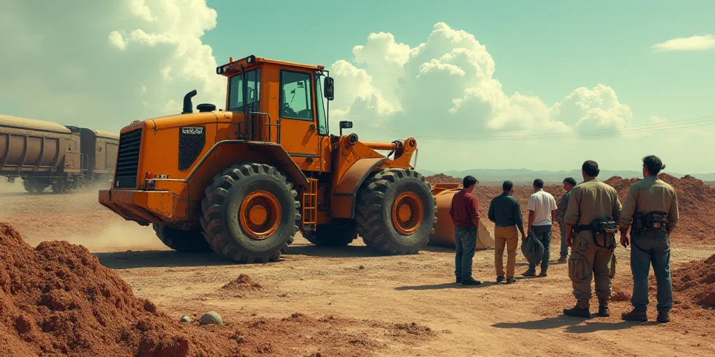 a group of people standing around a construction site with a bulldozer in the background and a train