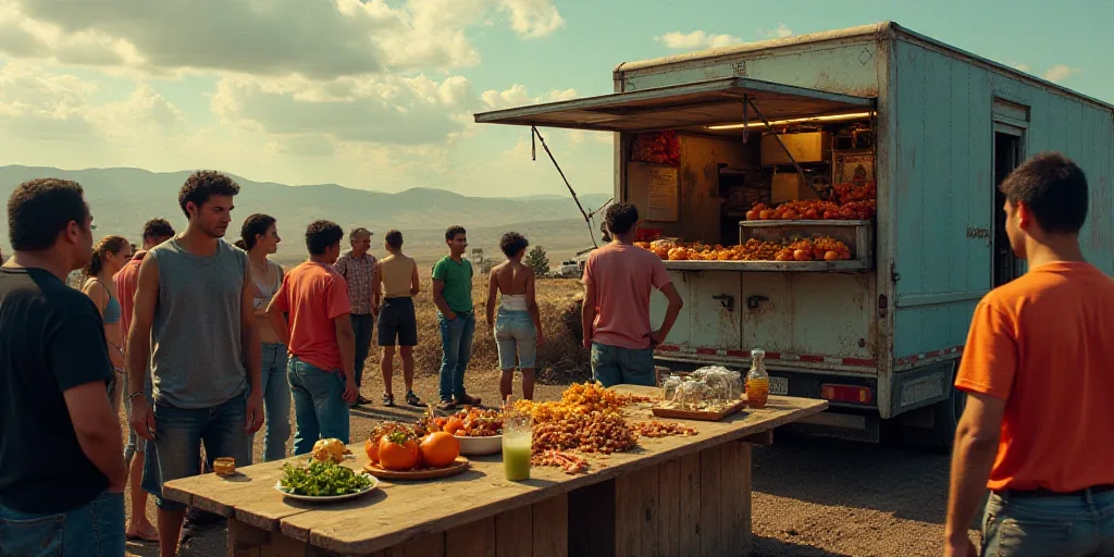 a group of people standing around a table with food on it and a truck in the background with a lot o