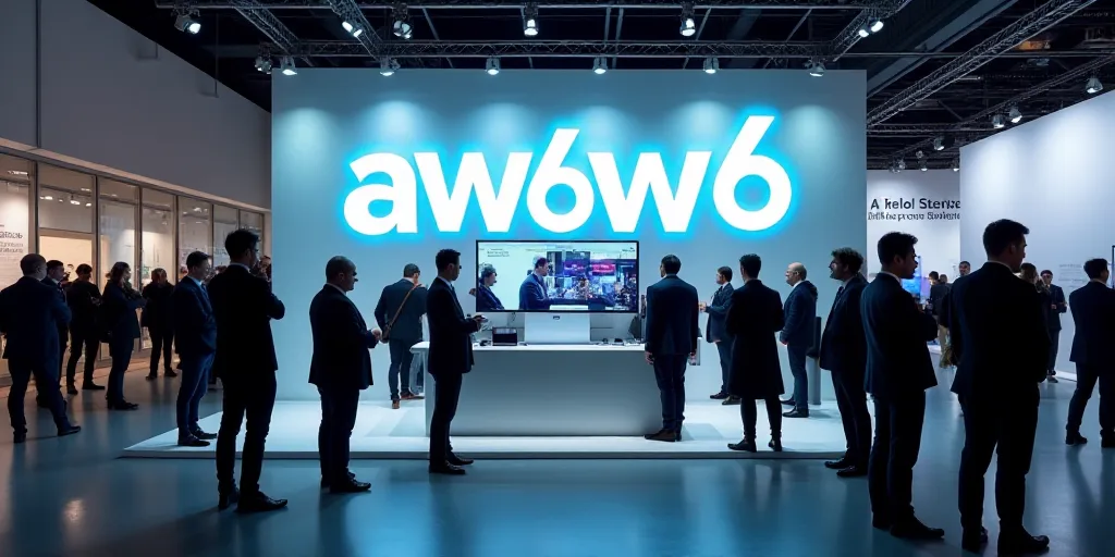 a group of people standing around a booth at a trade show with a sign that says aw6w6, Ai-Mitsu, in-