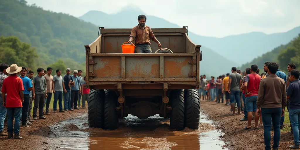 a group of people standing around a truck in the mud with a man in the back of it holding a large or