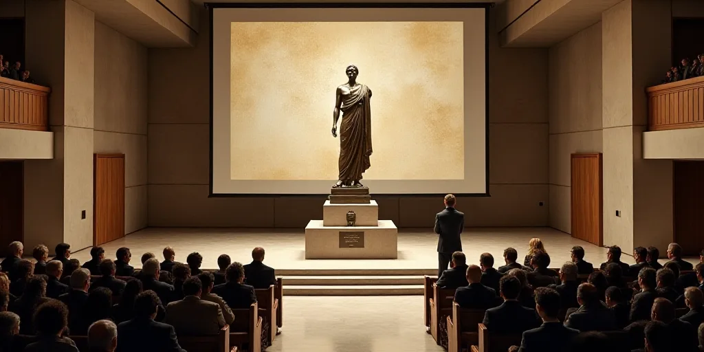 a group of people standing around a podium in front of a screen with a statue on it and a plaque, Da