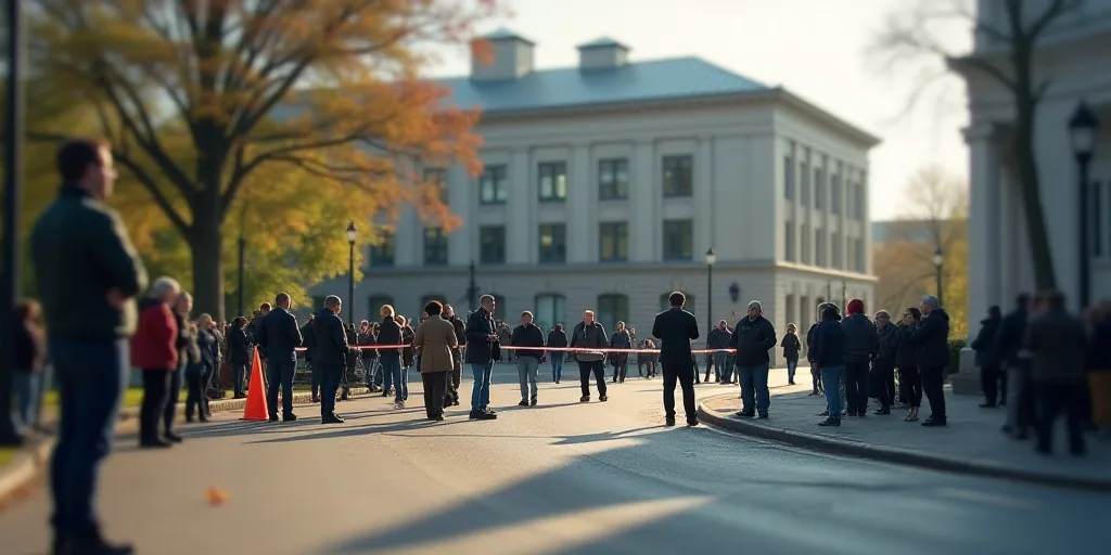 a group of people standing around a barricade on a street corner with a building in the background,