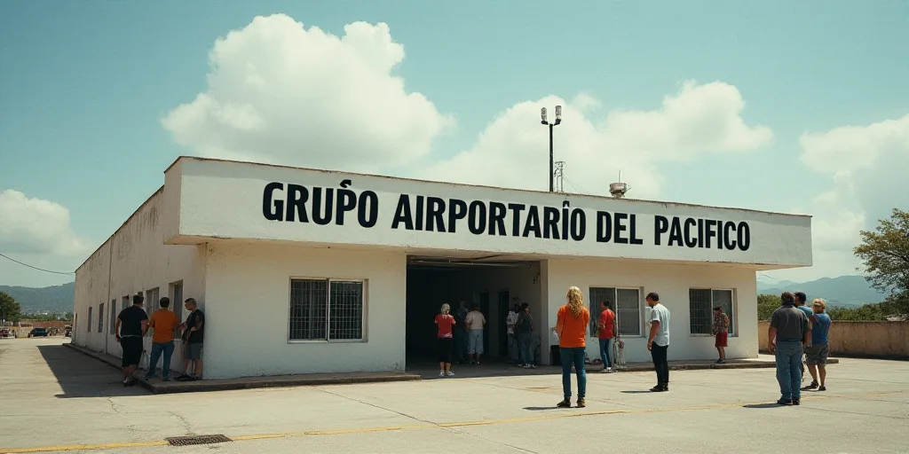 a group of people standing around a building with a sign on it that says grupo aeroportuario del pac