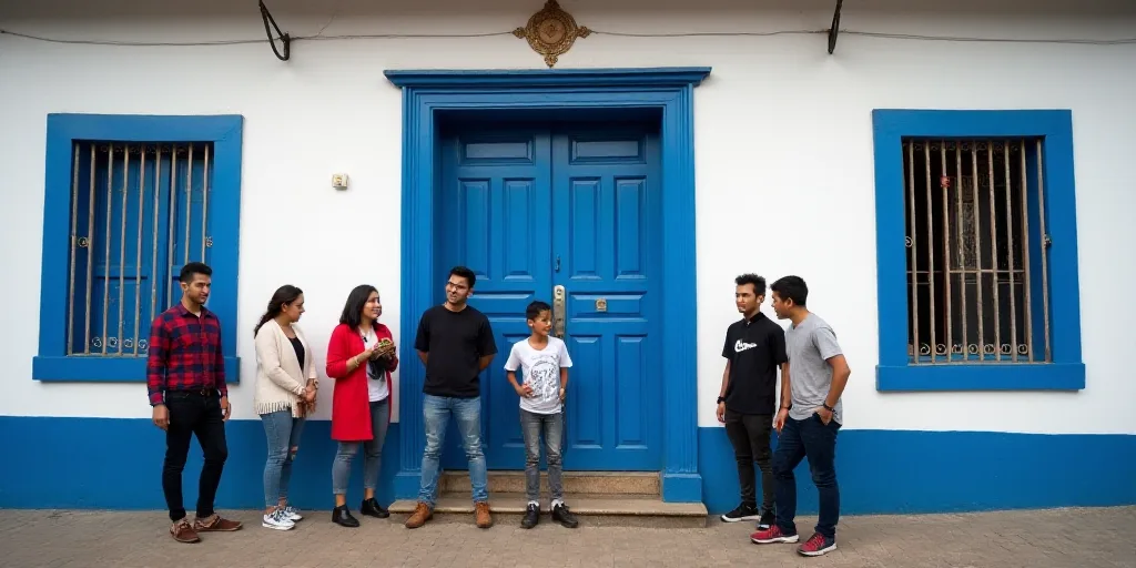 a group of people standing around a building with a blue door and a window on the side of the buildi