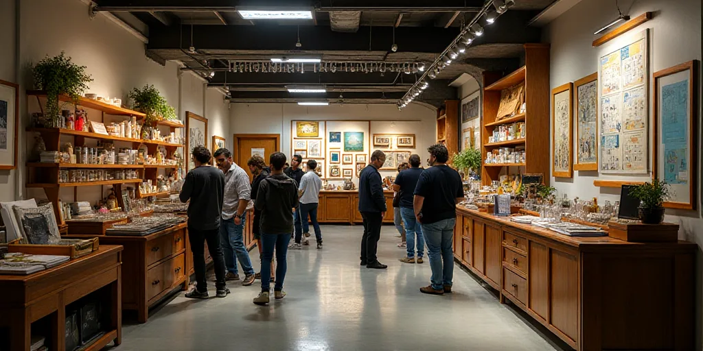 a group of people standing around a store filled with items and furniture and a sign that says unive