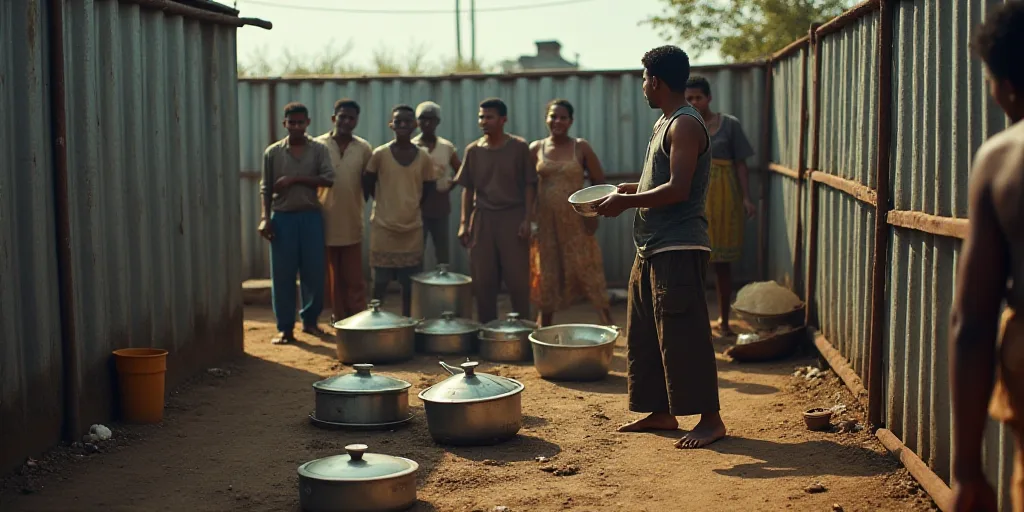 a group of people standing around a metal fence with pots and pans in it and one person holding a bo