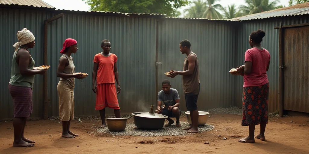 a group of people standing around a metal fence with pots and pans in it and one person holding a bo