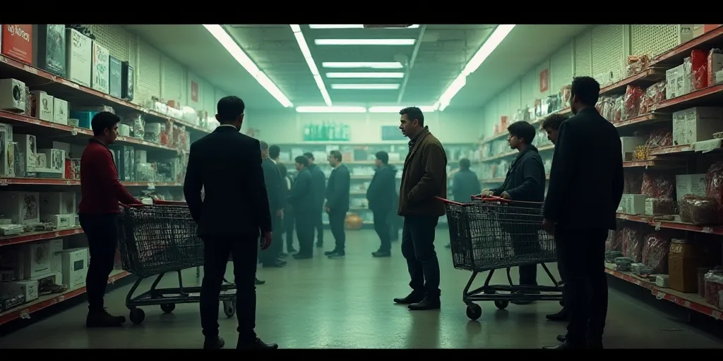 a group of people standing around a store filled with items and electronics and shopping carts with