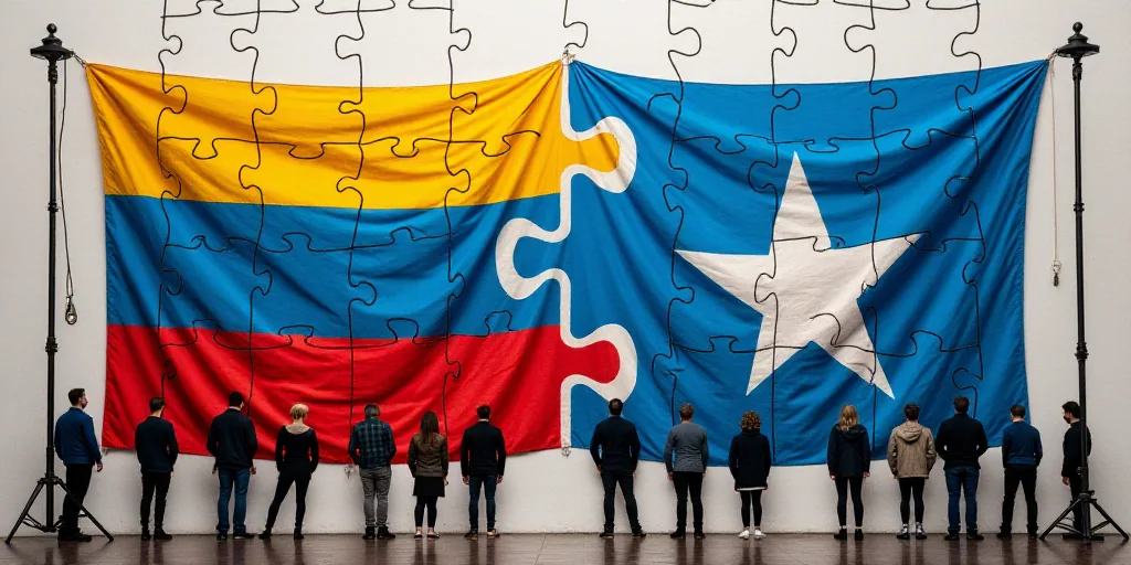 a group of people standing around a flag with a star on it's side and a blue flag with a white star
