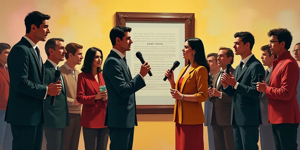 a group of people standing around a plaque with a man holding a microphone in his hand and a woman h