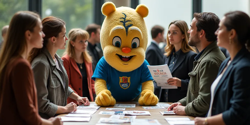 a group of people standing around a table with a mascot on it's head and a woman holding a magazine,
