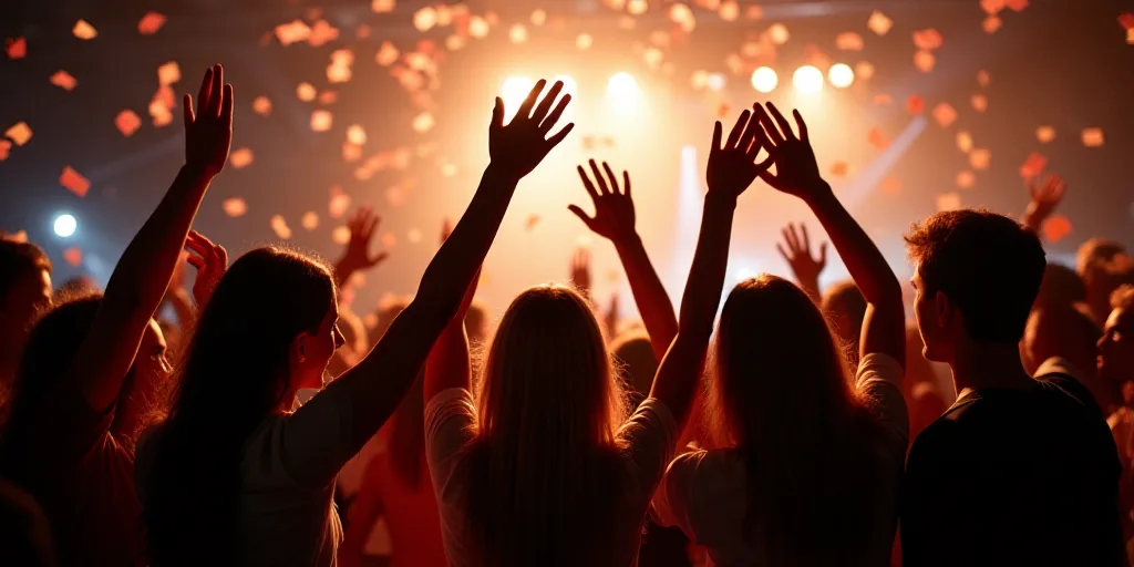 a group of people standing around each other with their hands in the air and confetti falling from t