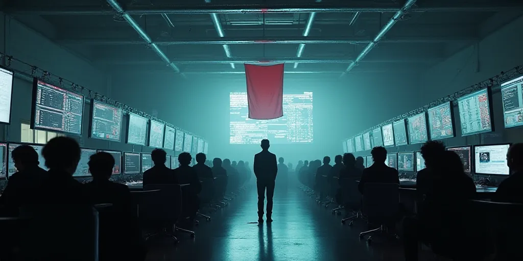a group of people standing around a room with a lot of monitors on the wall and a flag hanging from