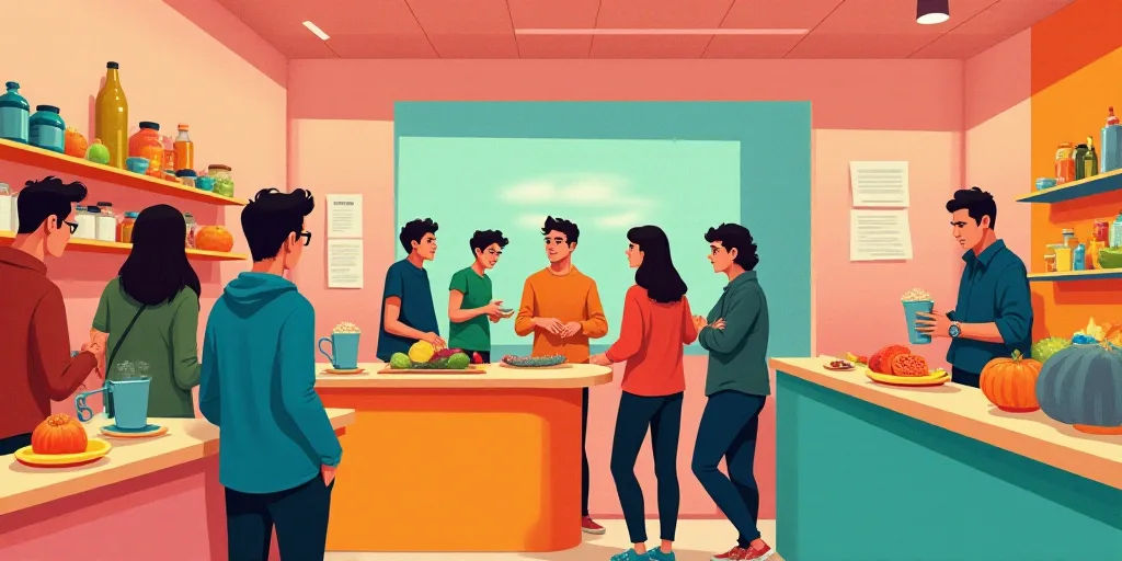 a group of people standing around a counter in a store with food on it and a sign on the wall, Altic