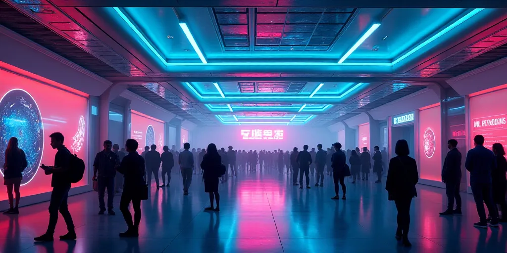 a group of people standing around a convention hall with neon lights on the ceiling and a sign that