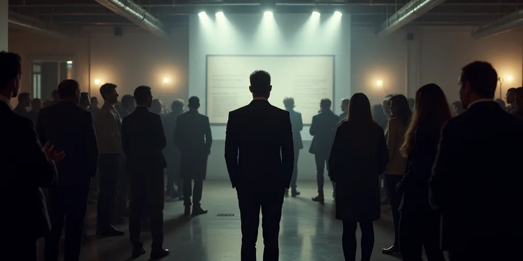 a group of people standing around a room with a lot of lights on it and a man in a suit, Dahlov Ipca