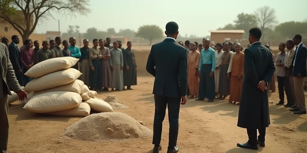 a group of people standing around a pile of bags of food and sand bags on the ground and a man in a