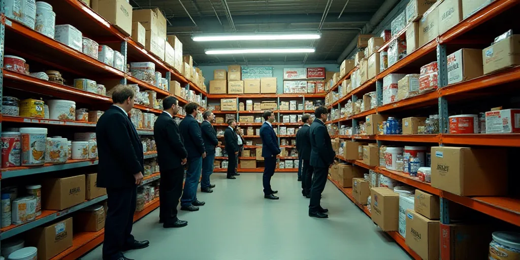 a group of people standing around a store filled with items and supplies for sale on the shelves and