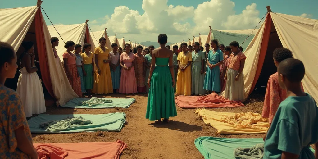 a group of people standing around a tent with beds and blankets on it and a woman in a green dress,