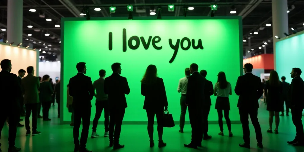 a group of people standing around a booth at a convention or expo area with a sign that says'i love