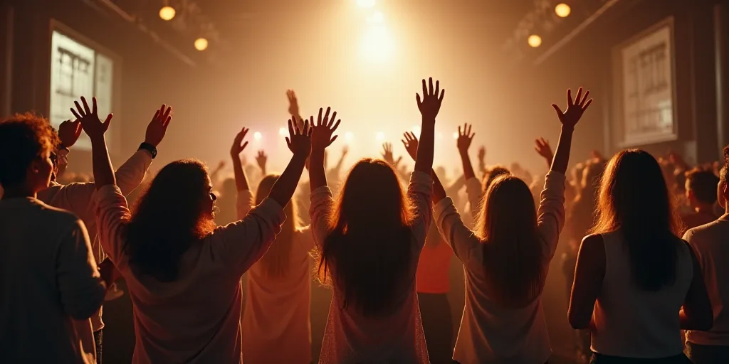 a group of people standing in a room together with their hands up in the air and smiling at the came