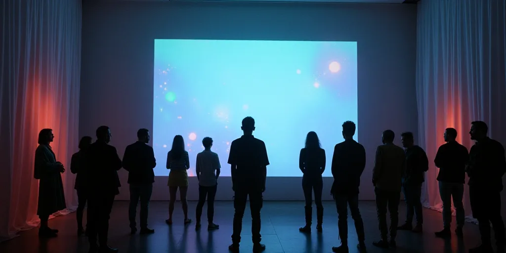 a group of people standing in front of a projector screen in a room with curtains on the wall, Carlo